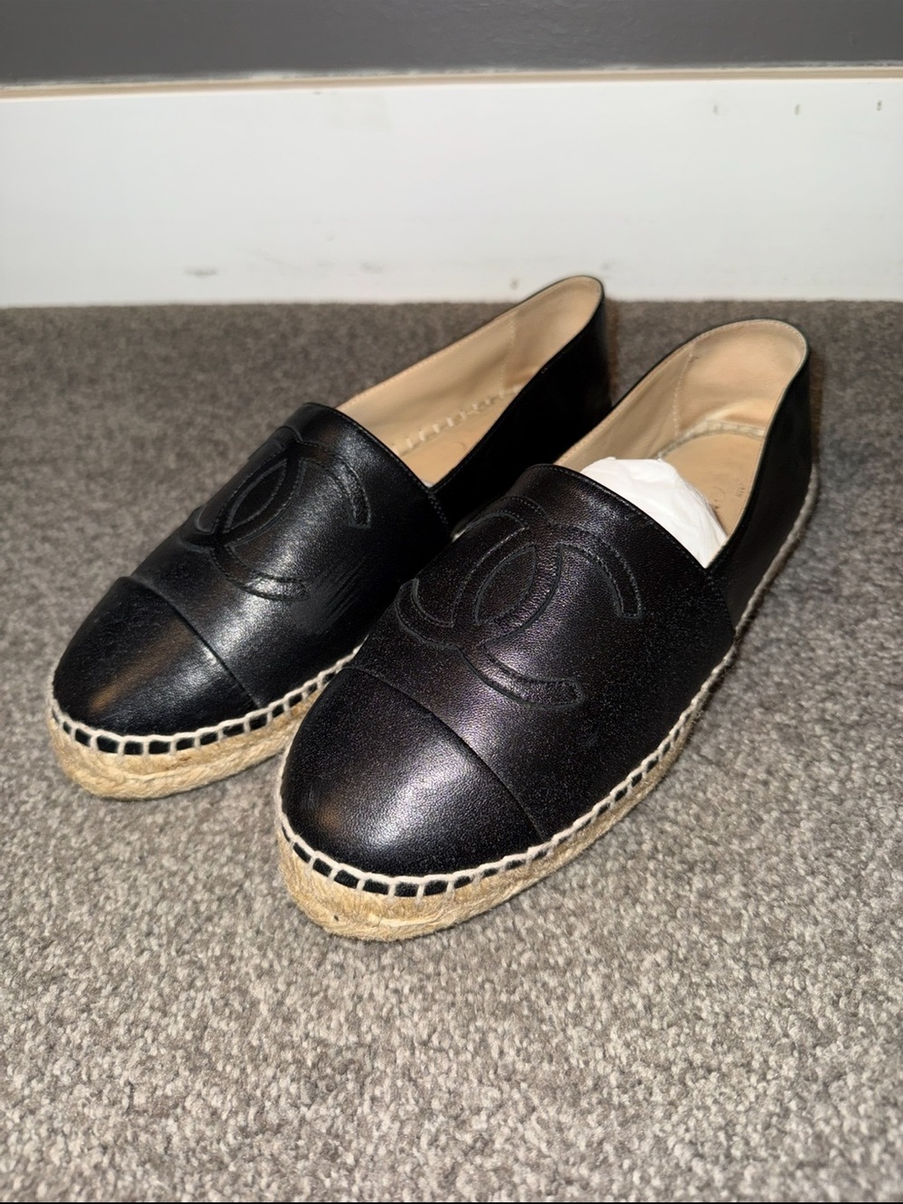 CHANEL Black Leather Espadrille Flats with Jute Sole